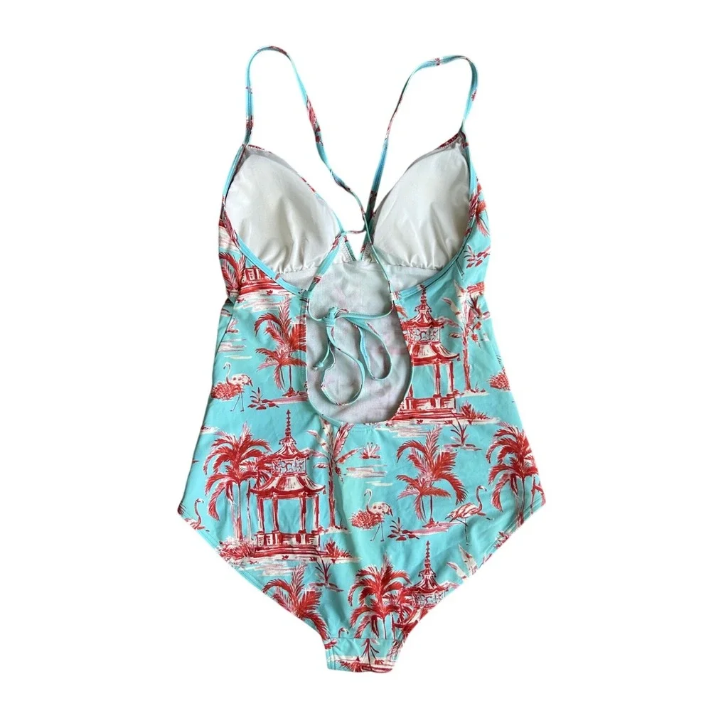 J.McLaughlin Tropical Toile Flamingo One Piece Swimsuit Aqua Coral‎ palmer 12